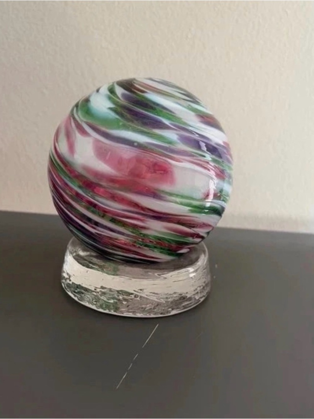 Source Unknown Striated Glass Orb in Pink, Green, Purple